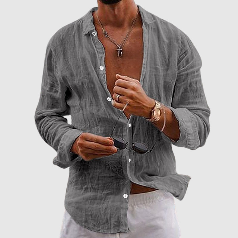 Close-up of softly structured collar and button-down front