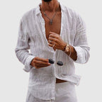 Men's linen shirt in relaxed fit, front view on neutral background