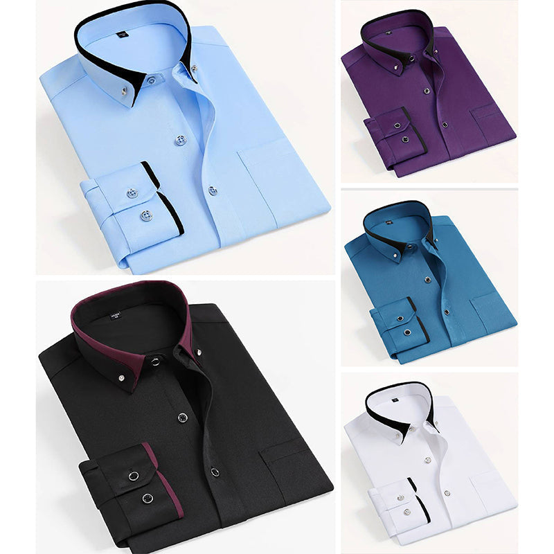 Model wearing shirt unbuttoned at top, three-quarter angle