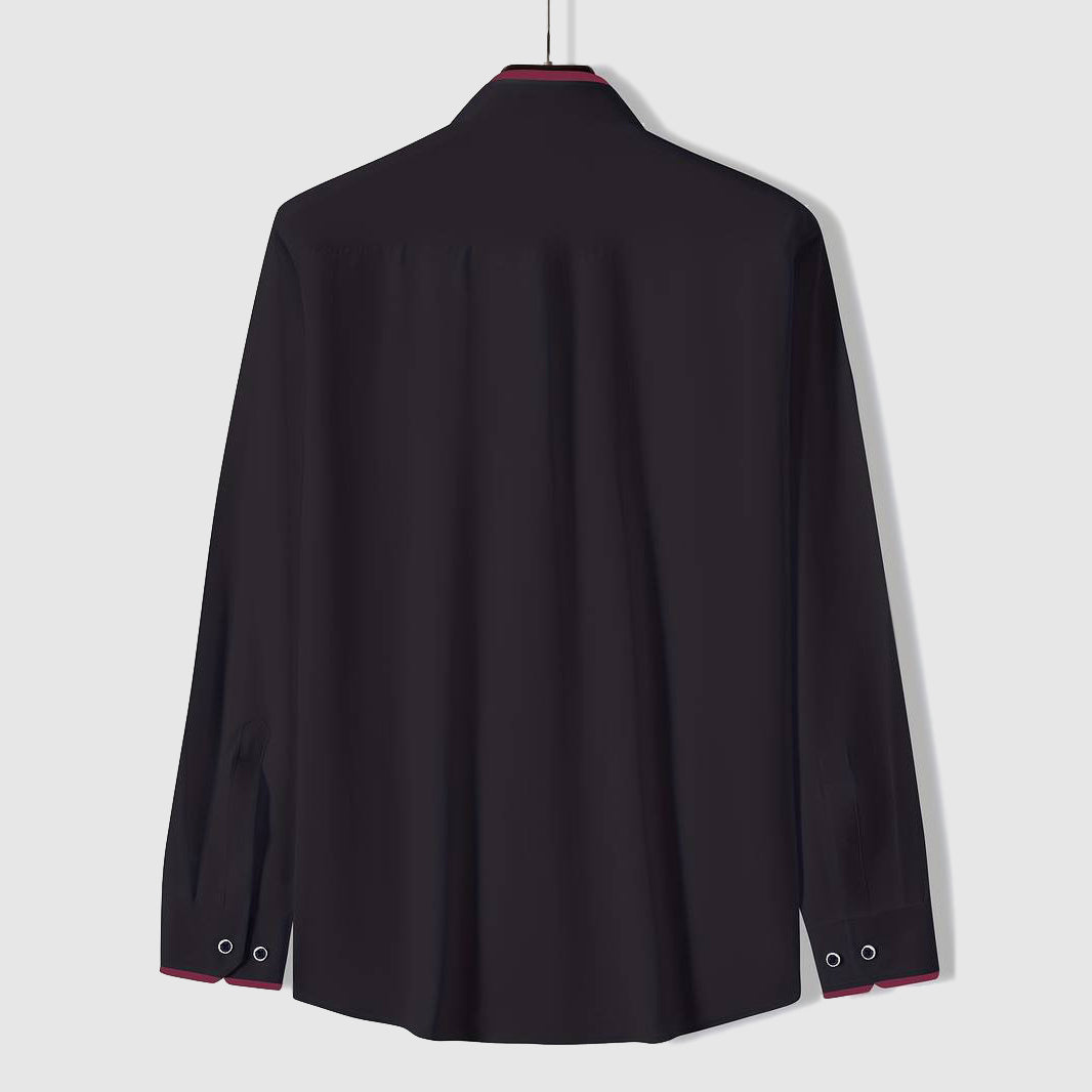 Back view of white shirt with black collar detail