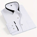 White long sleeve shirt with black contrast collar displayed flat