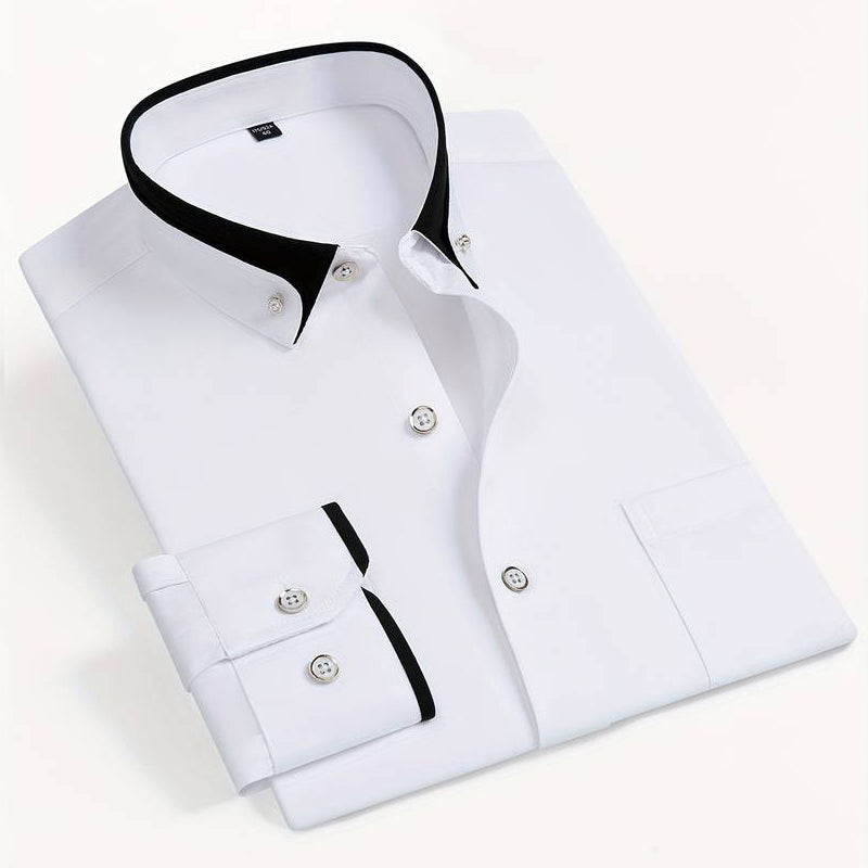 White long sleeve shirt with black contrast collar displayed flat
