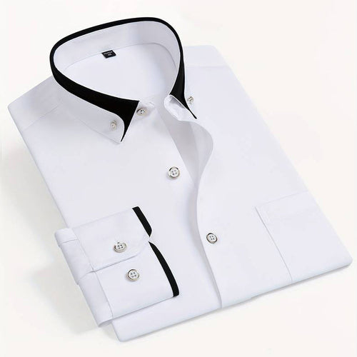 White long sleeve shirt with black contrast collar displayed flat