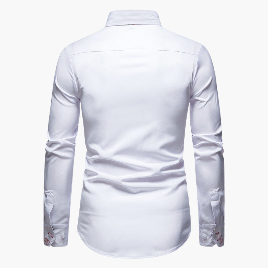Model wearing white paisley trim shirt, standing pose with hands relaxed