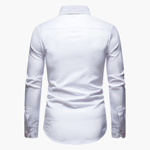 Model wearing white paisley trim shirt, standing pose with hands relaxed