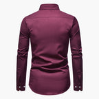 Rear view of white slim fit shirt on model