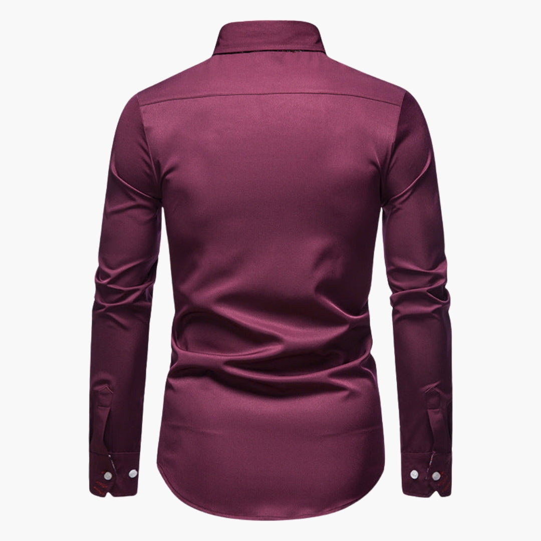 Rear view of white slim fit shirt on model