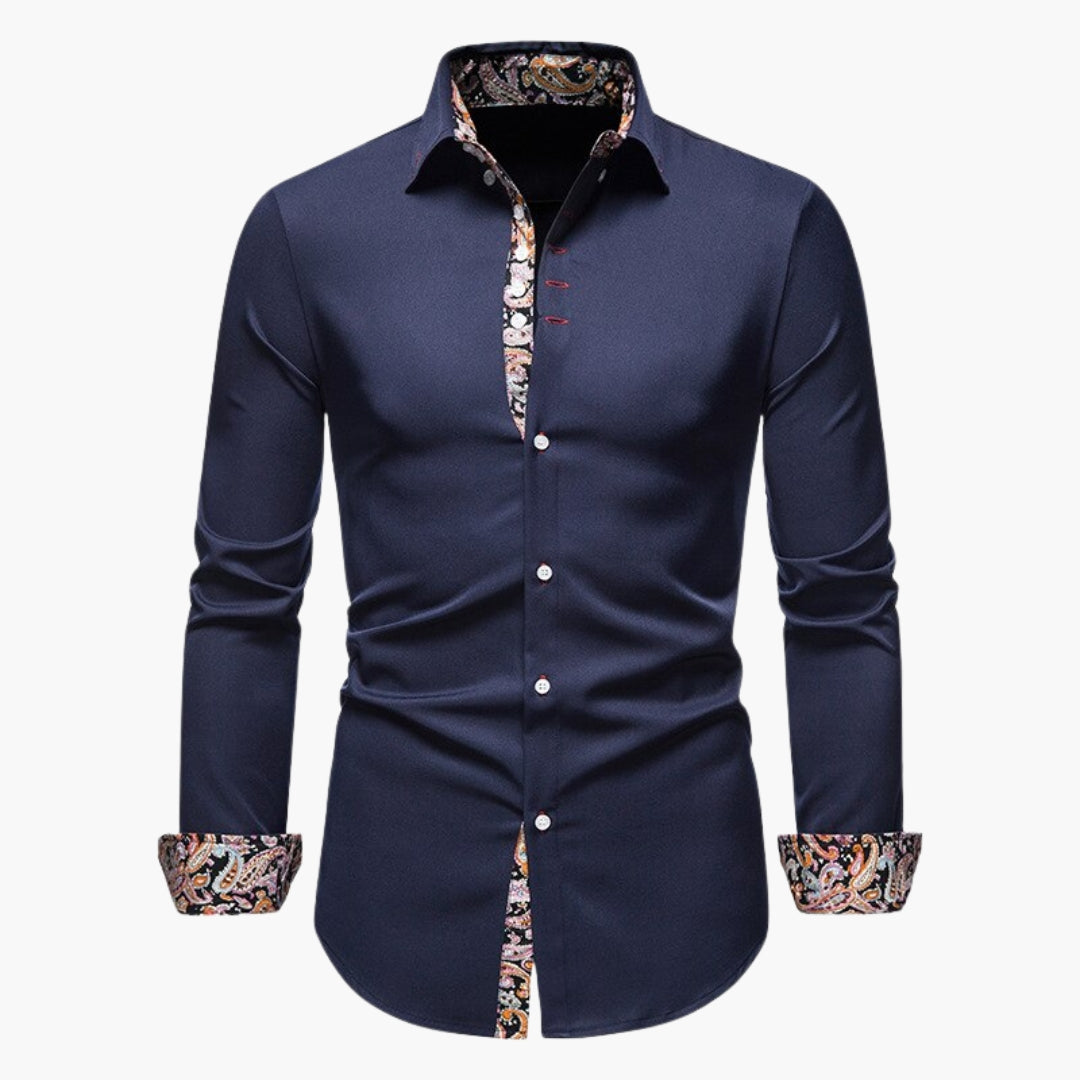 Close-up of paisley patterned trim detail inside collar