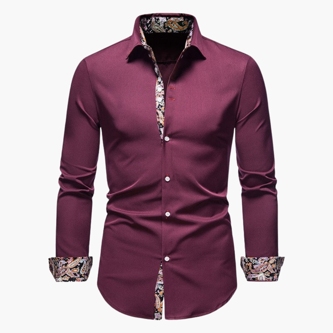 Model wearing shirt in casual smart setting, three-quarter angle