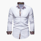 White slim fit long sleeve shirt with paisley trim collar and cuffs, front view