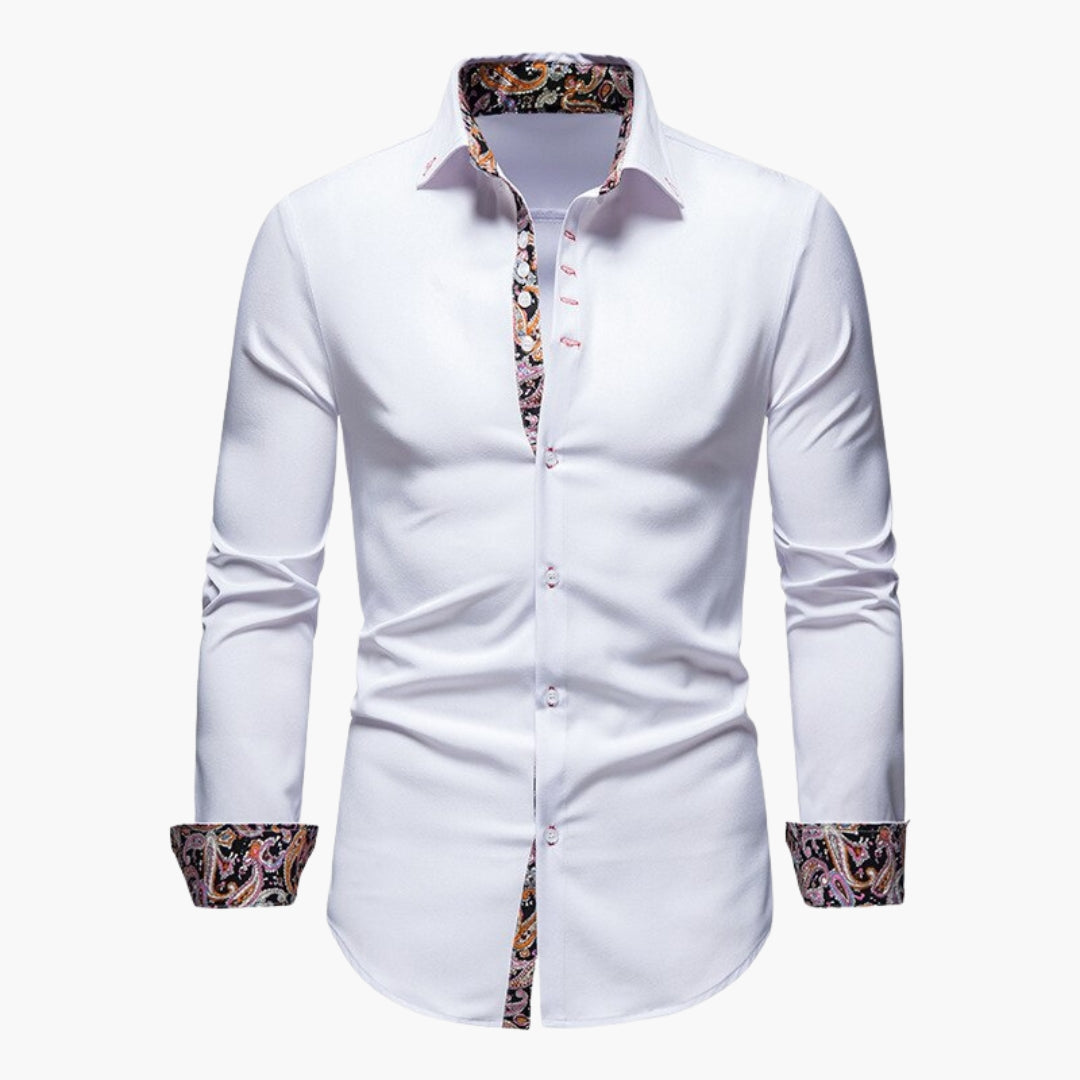 White slim fit long sleeve shirt with paisley trim collar and cuffs, front view