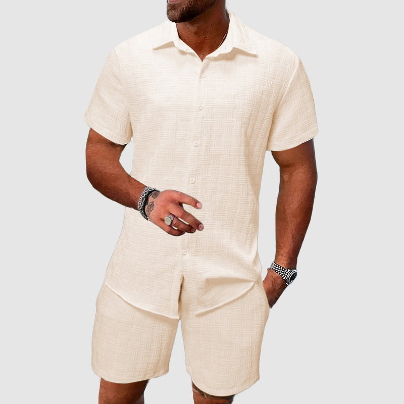Man wearing textured white shirt, front-facing pose