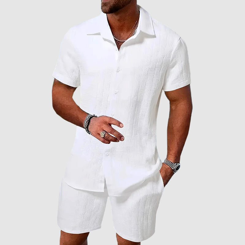 White textured short sleeve collar shirt flat lay