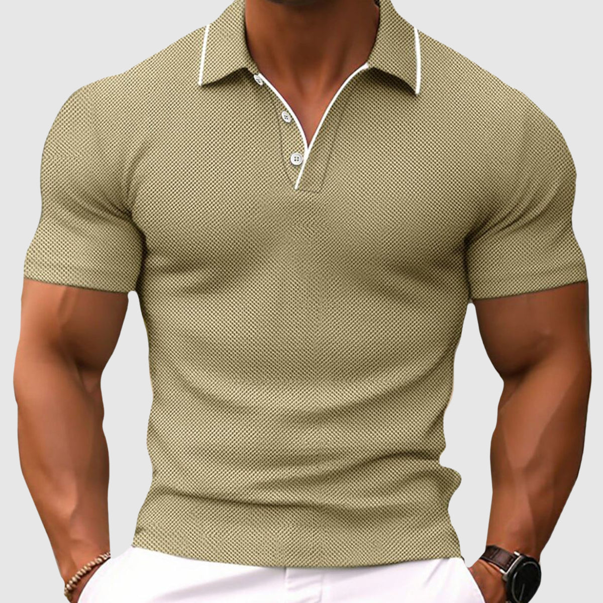 Men's yellow textured knit polo shirt, front view on neutral background