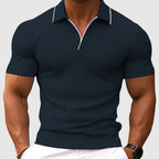 Back view of polo shirt showing short sleeves and texture detail