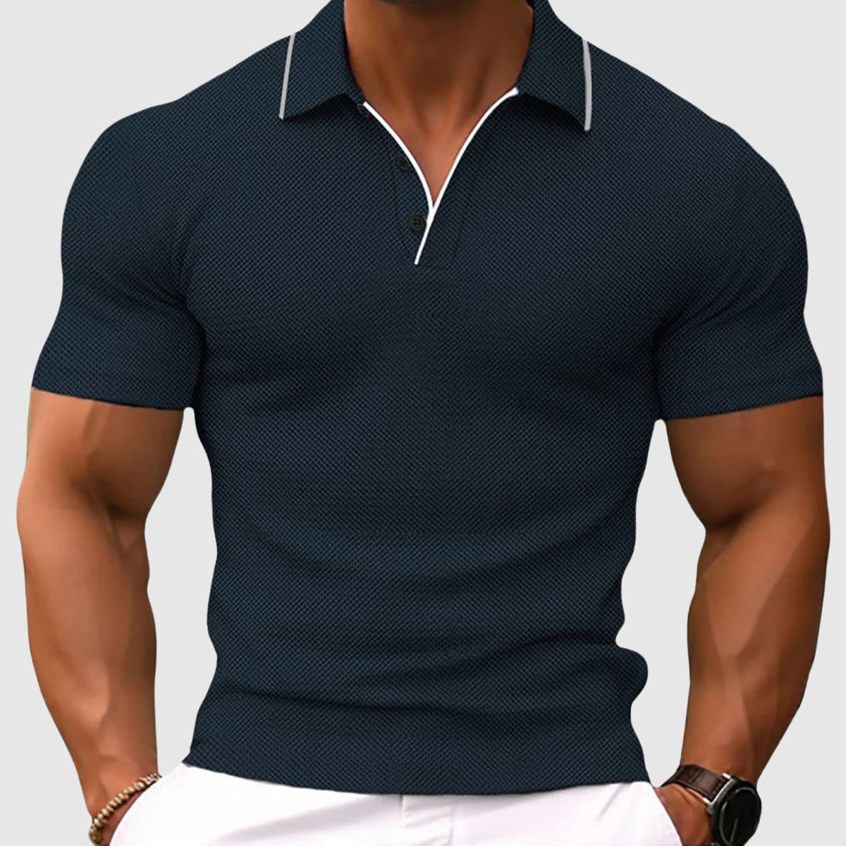 Back view of polo shirt showing short sleeves and texture detail