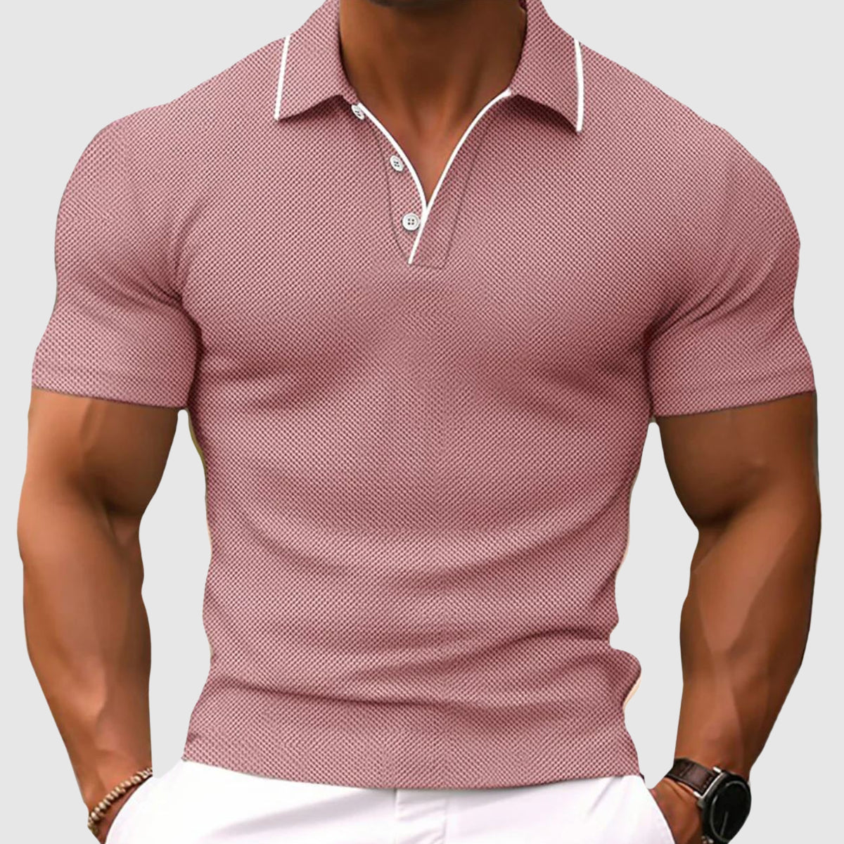 Close-up of micro-textured knit fabric and white contrast placket