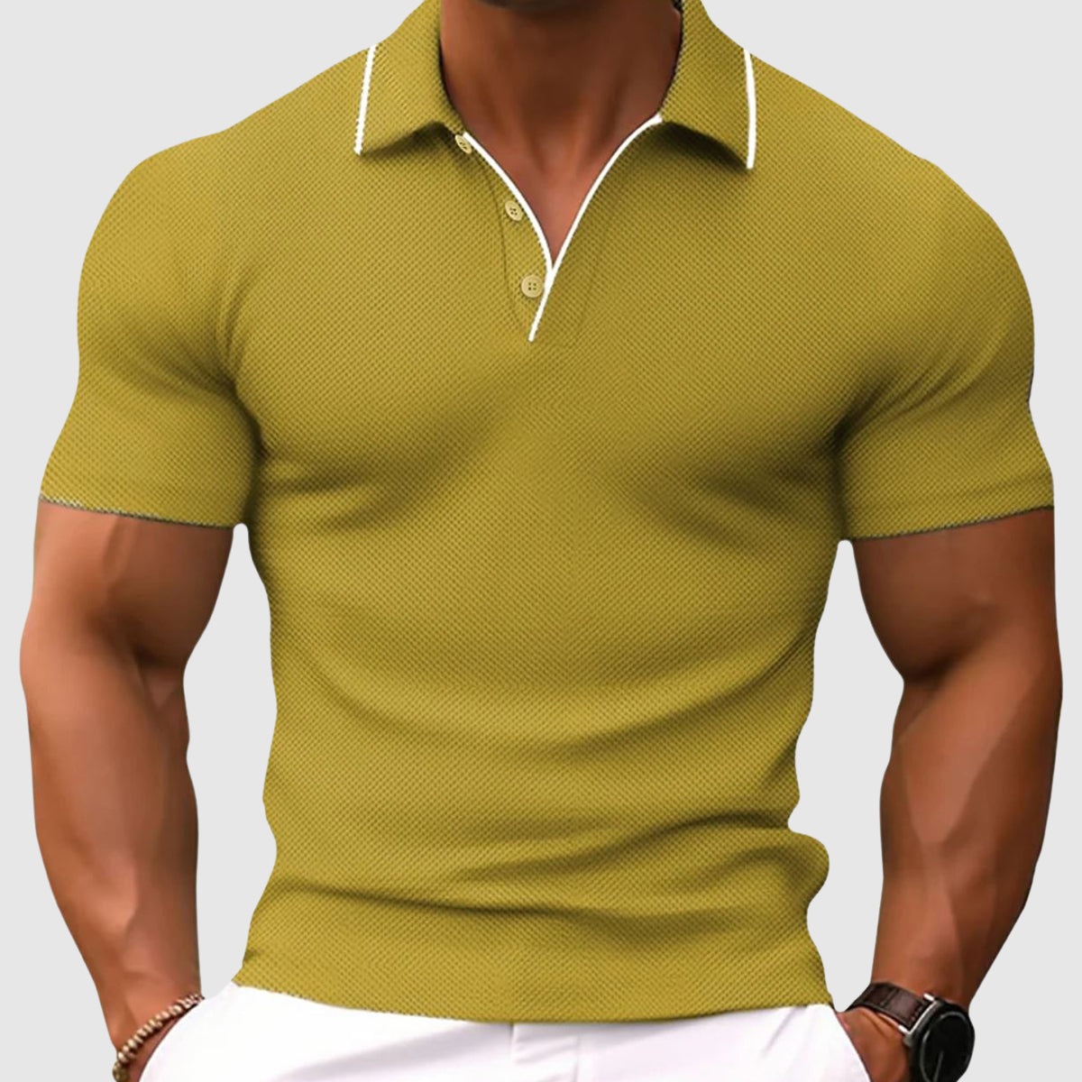 Side profile view of yellow polo shirt on model