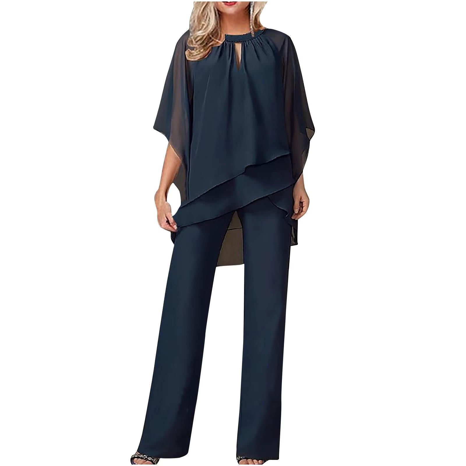 Women's chiffon jumpsuit with batwing sleeves, full-length front view