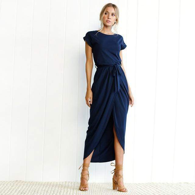 Navy wrap maxi dress with short sleeves, front view on model