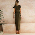 Model in navy maxi dress, full-length shot standing pose