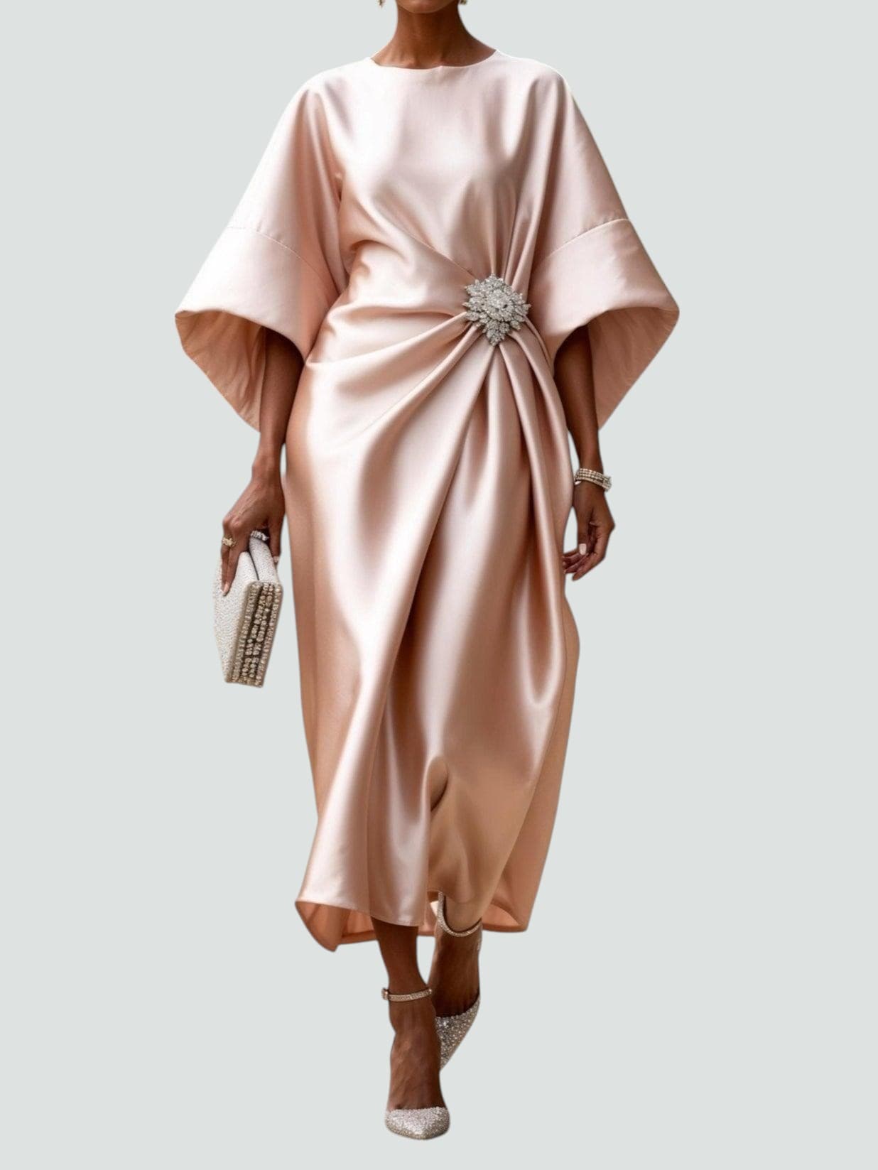 Side profile showing boat neckline and flowing satin drape of maxi dress