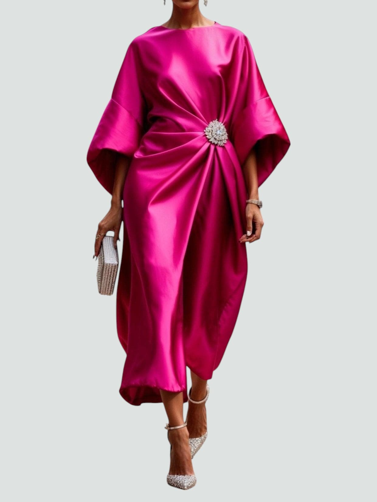 Back view of maxi dress highlighting asymmetric hem and kimono sleeve design