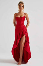Navy satin dress hem and ruffle from above