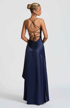 Back view of satin maxi dress on model