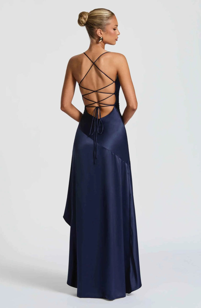 Back view of satin maxi dress on model