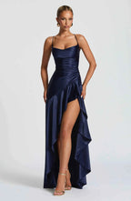 Women's navy satin maxi dress with ruffle hem, front view