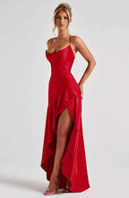 Close-up of ruched waistband detail on satin dress
