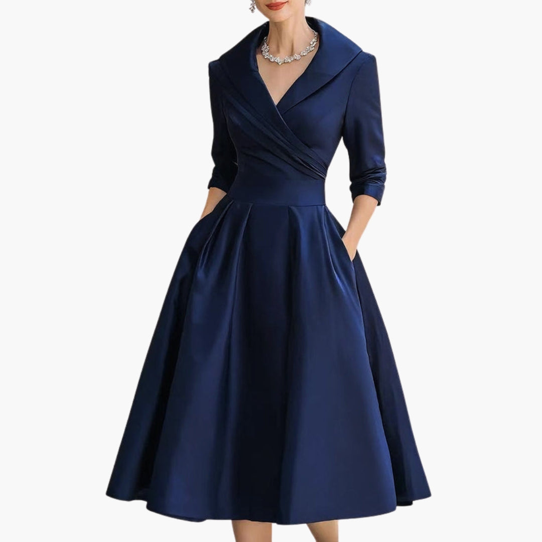 Navy satin wrap midi dress with 3/4 sleeves and pleated skirt, front view