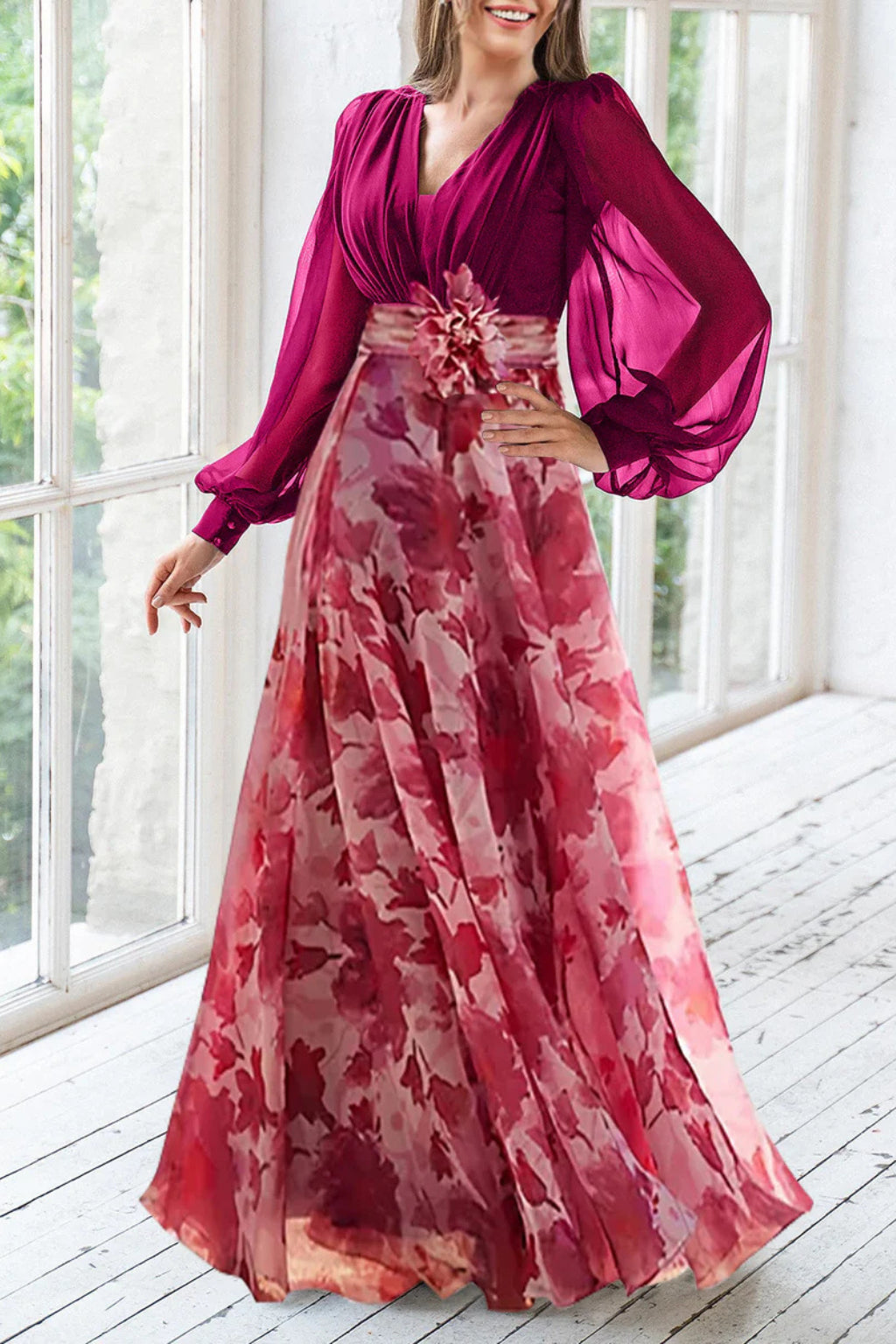 Model wearing dress at three-quarter angle showing silhouette