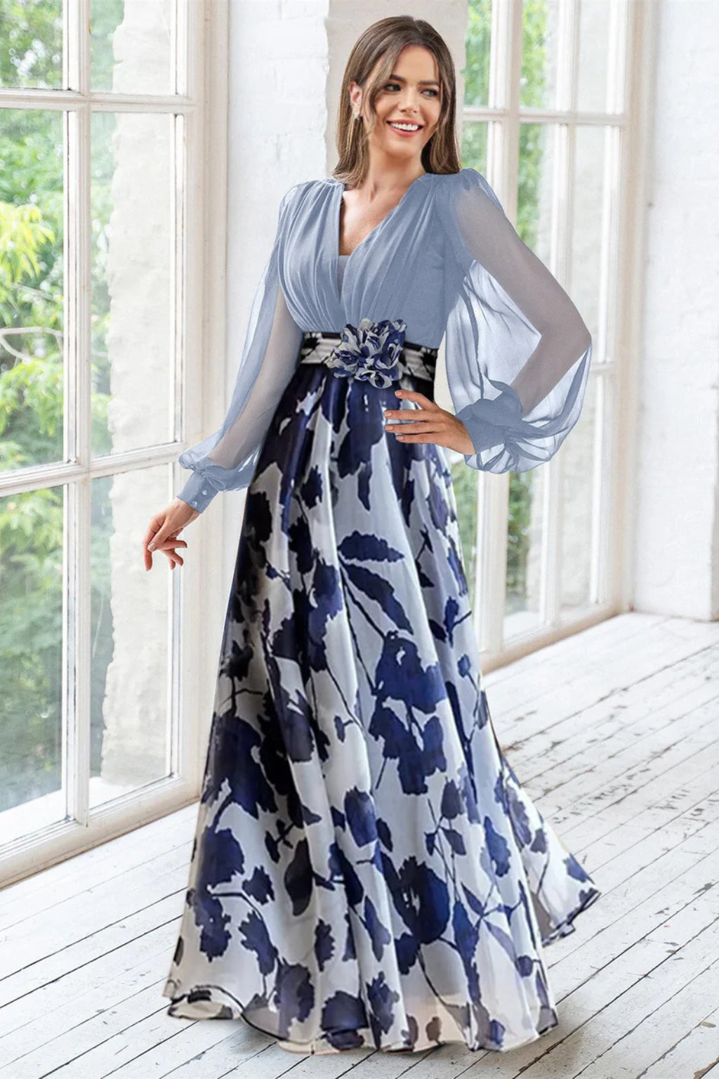 Full-length standing pose in dress with hands at sides