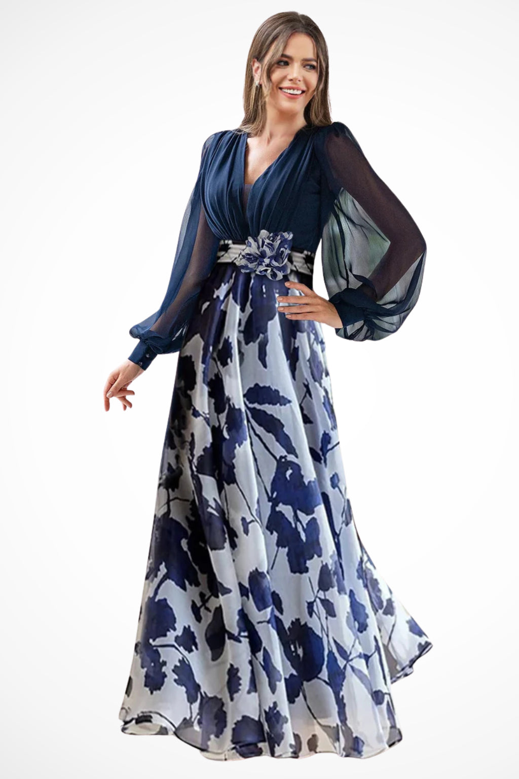 Women's navy chiffon maxi dress with floral print and balloon sleeves, front view