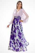 Model in walking pose displaying dress movement