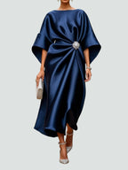 Full length satin maxi dress with kimono sleeves and crystal brooch waist detail