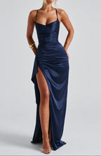 Navy satin ruched bodycon maxi dress with sweetheart neckline, front view