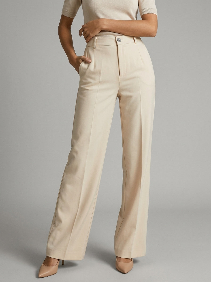 Pantalon large taille haute avec plis beige pour femme