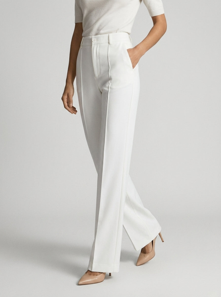 Pantalon large taille haute avec plis blanc pour femme