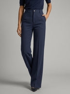 Pantalon large taille haute avec plis bleu foncé pour femme
