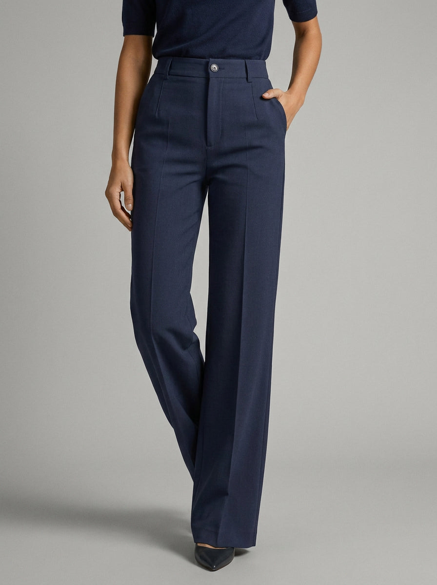 Pantalon large taille haute avec plis bleu foncé pour femme