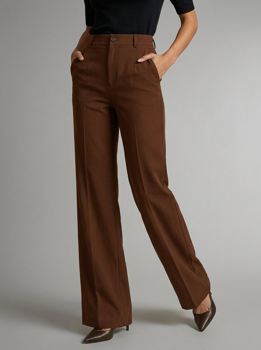 Pantalon large taille haute avec plis marron pour femme