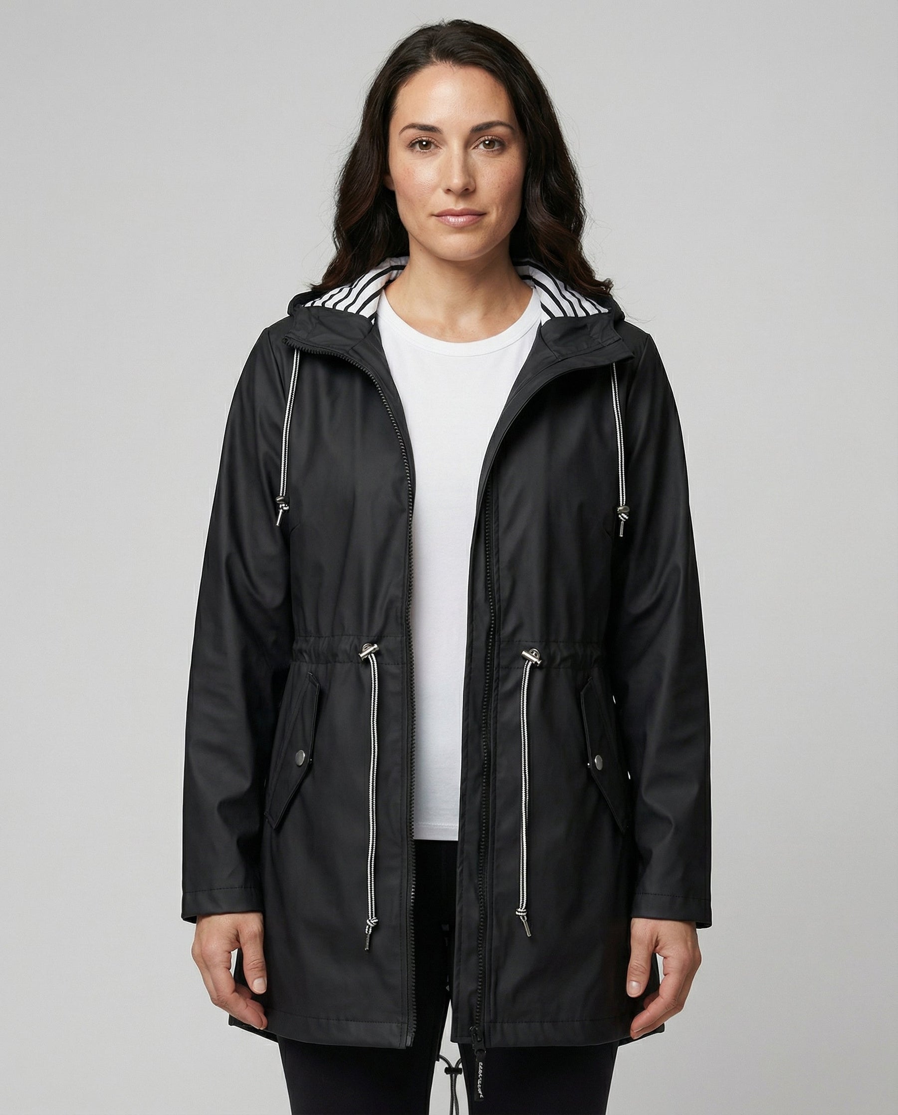 Parka imperméable à capuche avec cordons ajustables noir pour femme