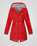 Parka imperméable à capuche avec cordons ajustables rouge pour femme