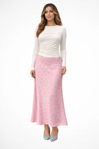 Floral satin maxi skirt in soft pink, full-length front view