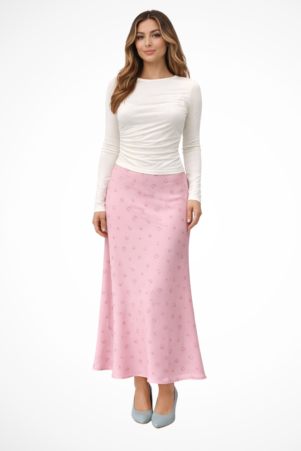 Floral satin maxi skirt in soft pink, full-length front view