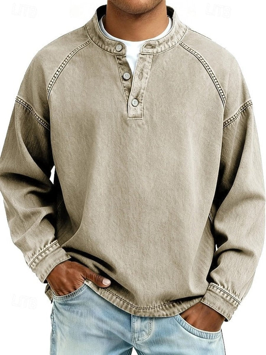 Pull col boutonné effet délavé vintage kaki pour homme