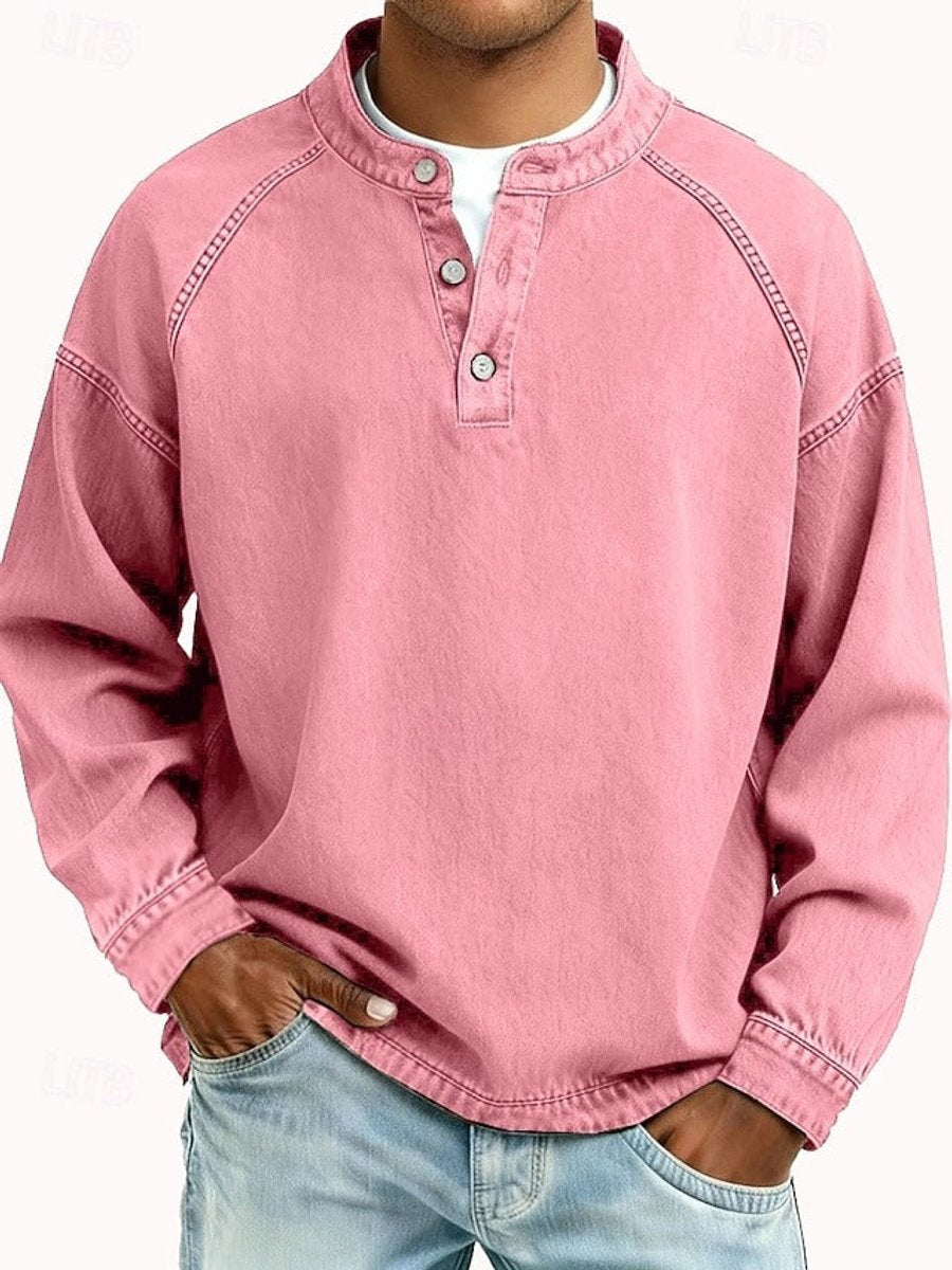 Pull col boutonné effet délavé vintage rose pour homme